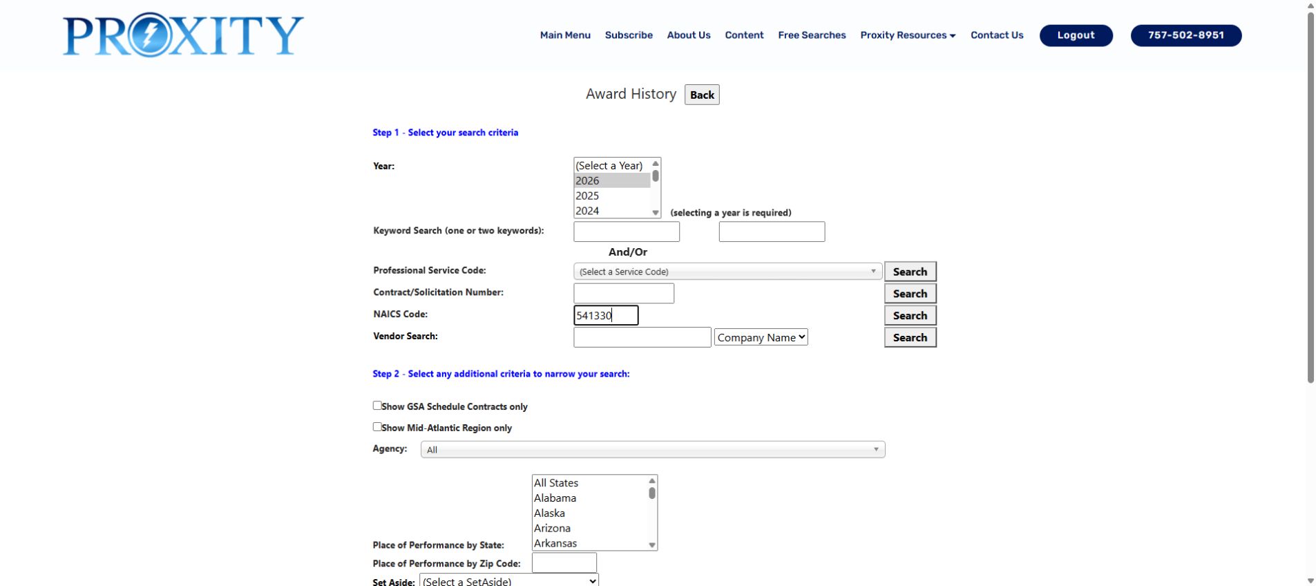 Award History search with 2026 and NAICS 541330 selected