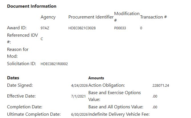 Award Details excerpt for contract HDEC0821C0028, modification P00033