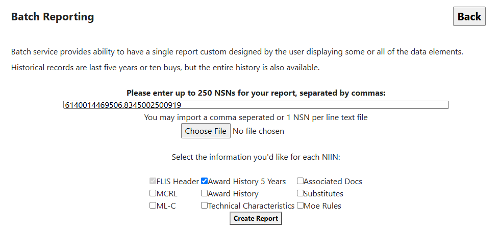 Batch form with the five-year award-history option selected
