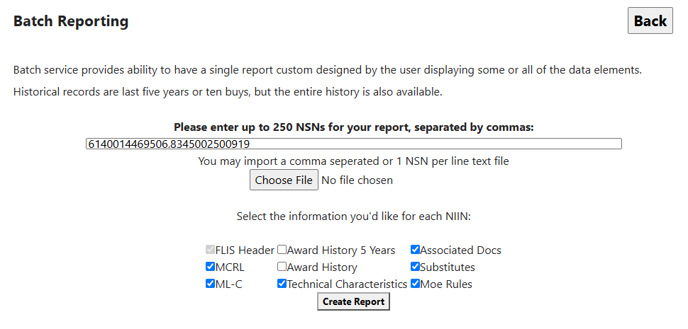Batch form with catalog and reference sections selected, but no award history