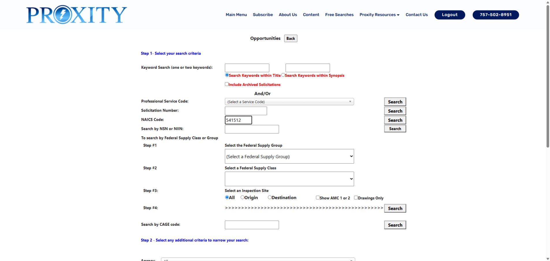 Actual Research All Open Solicitations form with NAICS 541512 entered