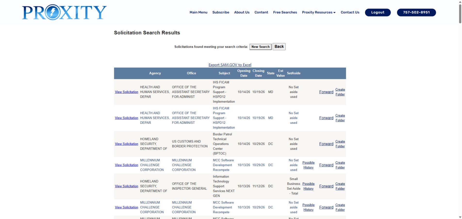 Actual NAICS 541512 solicitation results showing the DHS OIG lead