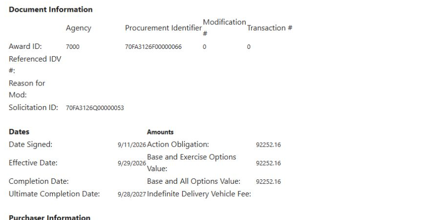 Actual award detail for possible-history candidate 70FA3126F00000066