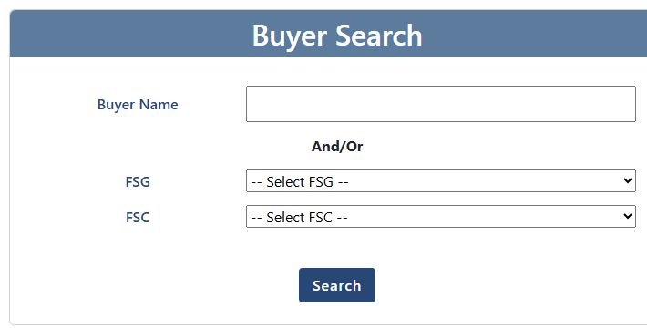 Buyer Search form showing Buyer Name, FSG, FSC and Search controls