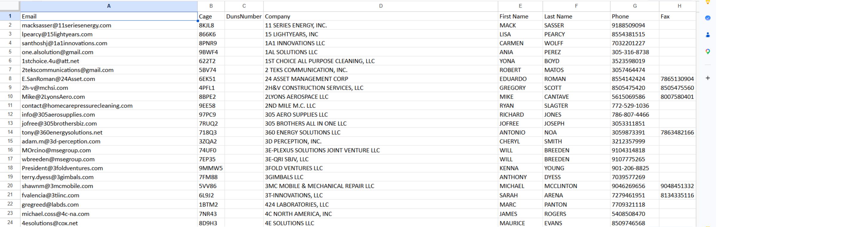 Contacts worksheet showing company identifiers, contact names and telephone fields