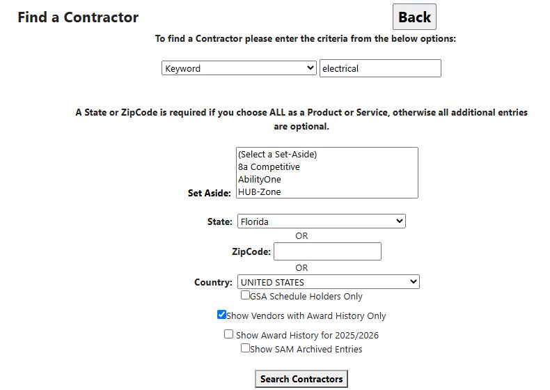 Find a Contractor with electrical, Florida and award-history-only selected