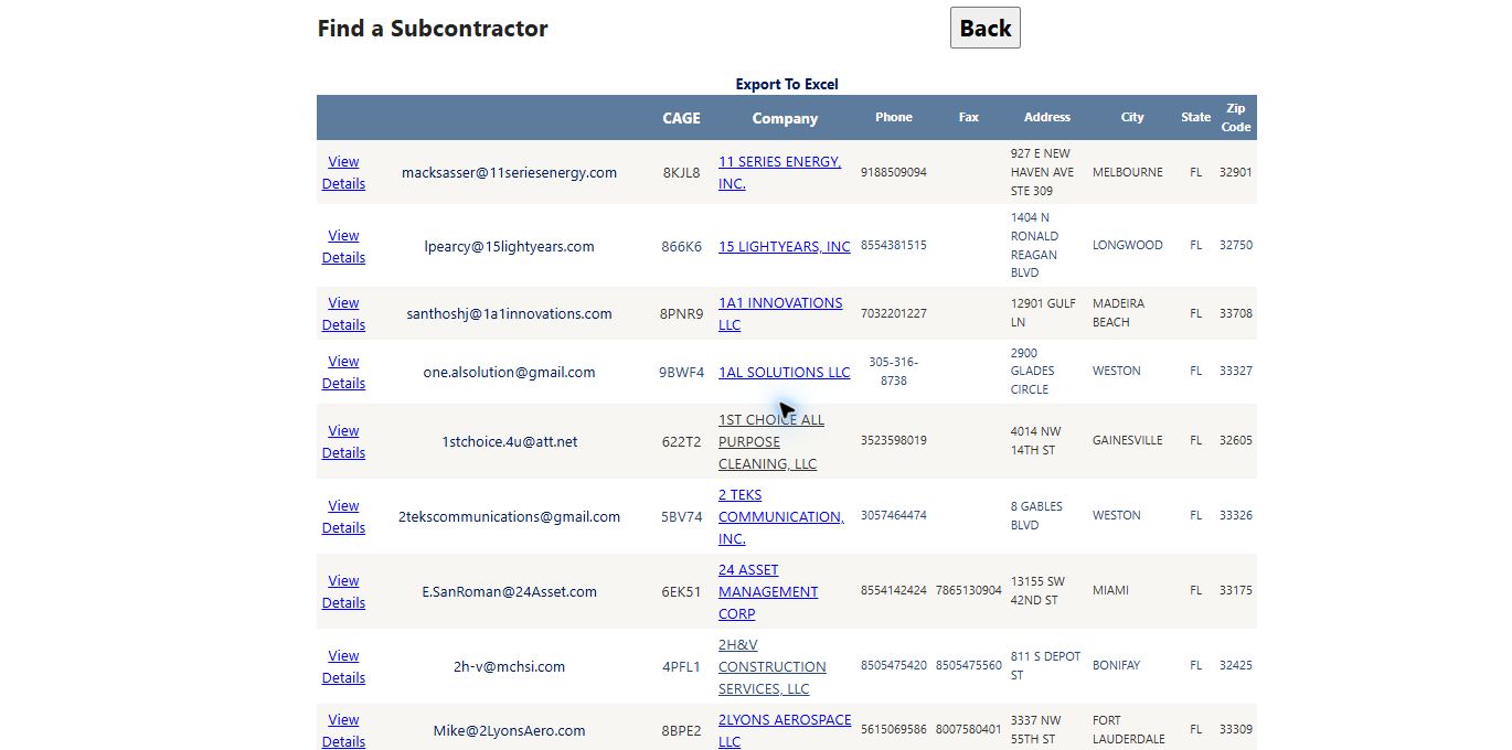 Florida electrical contractor result list with View Details and Export To Excel