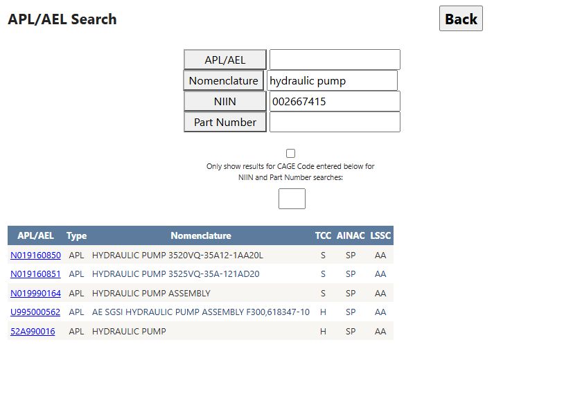 APL nomenclature search returning five hydraulic-pump lists