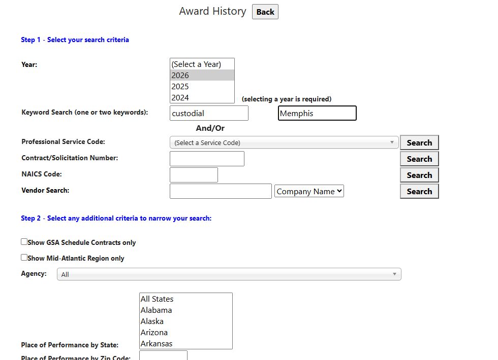 Award History with year 2026 and the two keywords custodial and Memphis
