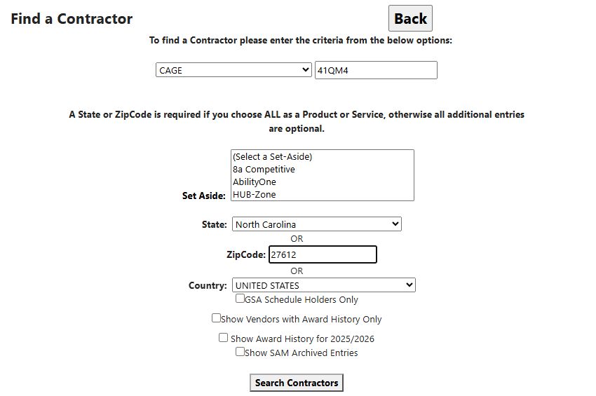 Contractor search with CAGE, North Carolina and ZIP 27612