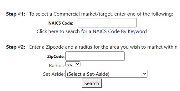 Contact-list search by NAICS, ZIP, radius and set-aside