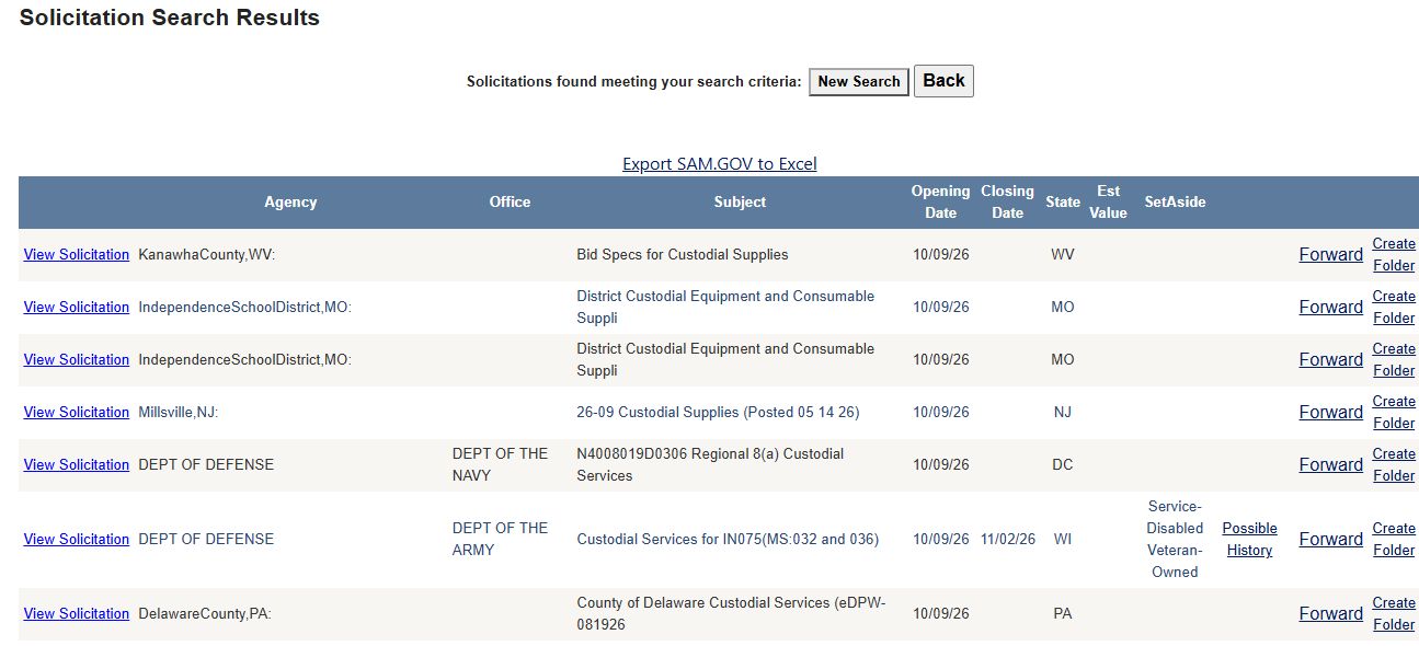 Solicitation Search Results with service rows and page actions