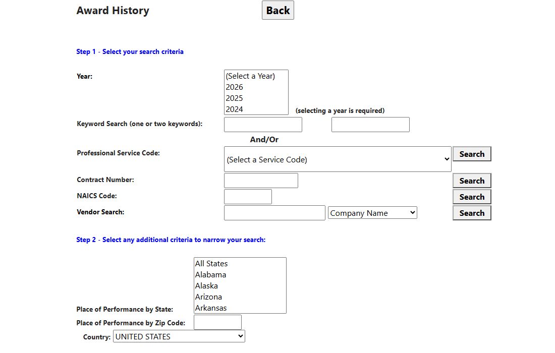 Subcontract award search form with year, description, contract, company and location fields