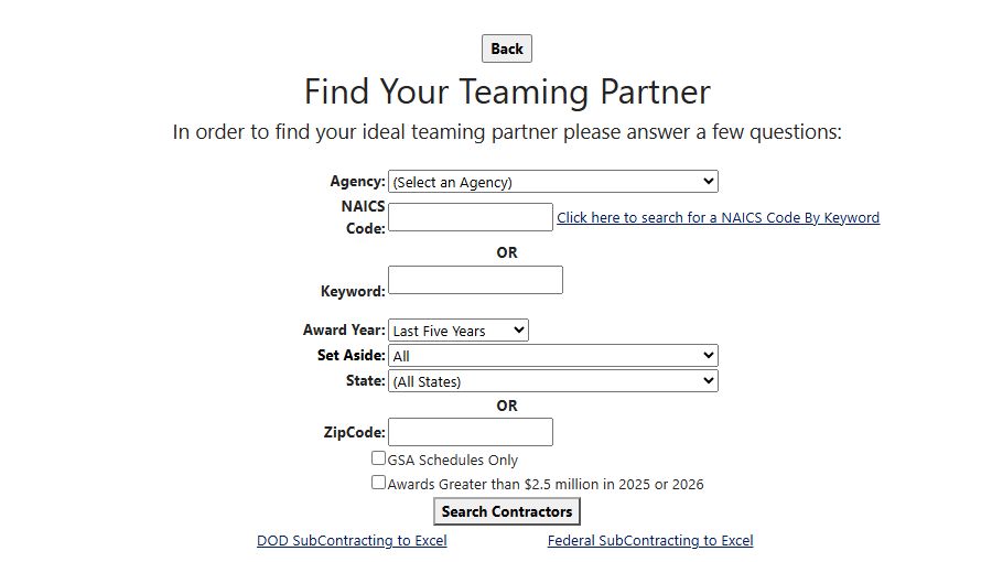 Find Your Teaming Partner search fields and actions