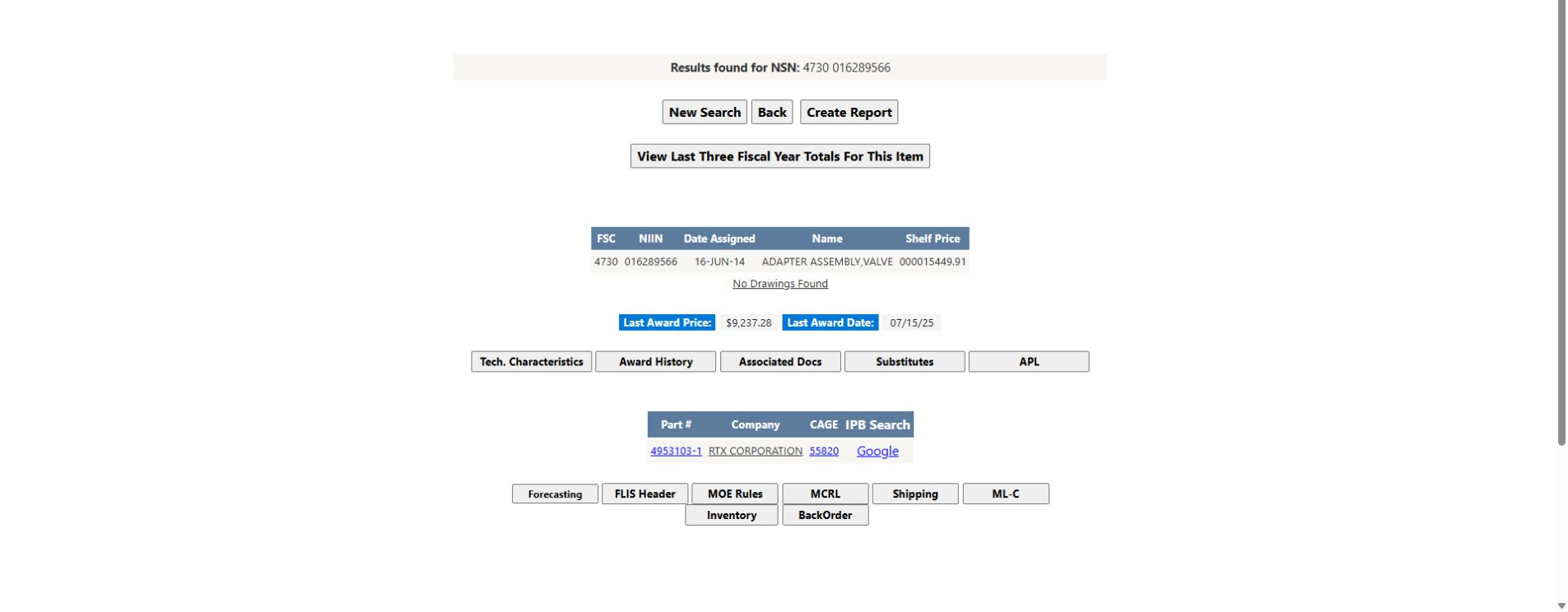 Adapter assembly item result showing NSN 4730-01-628-9566 and the Inventory and BackOrder controls