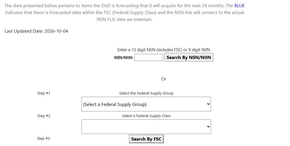 NSN forecasting form showing the NSN/NIIN search and Federal Supply Group and Class steps