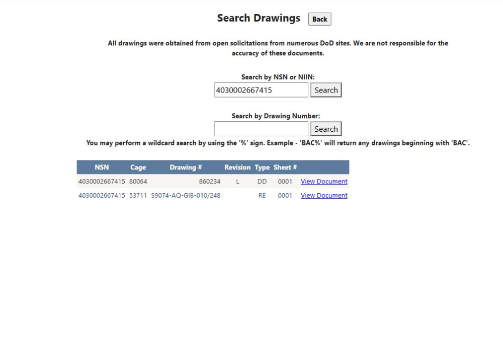 Standalone drawing search by NSN 4030002667415 showing its two drawing rows