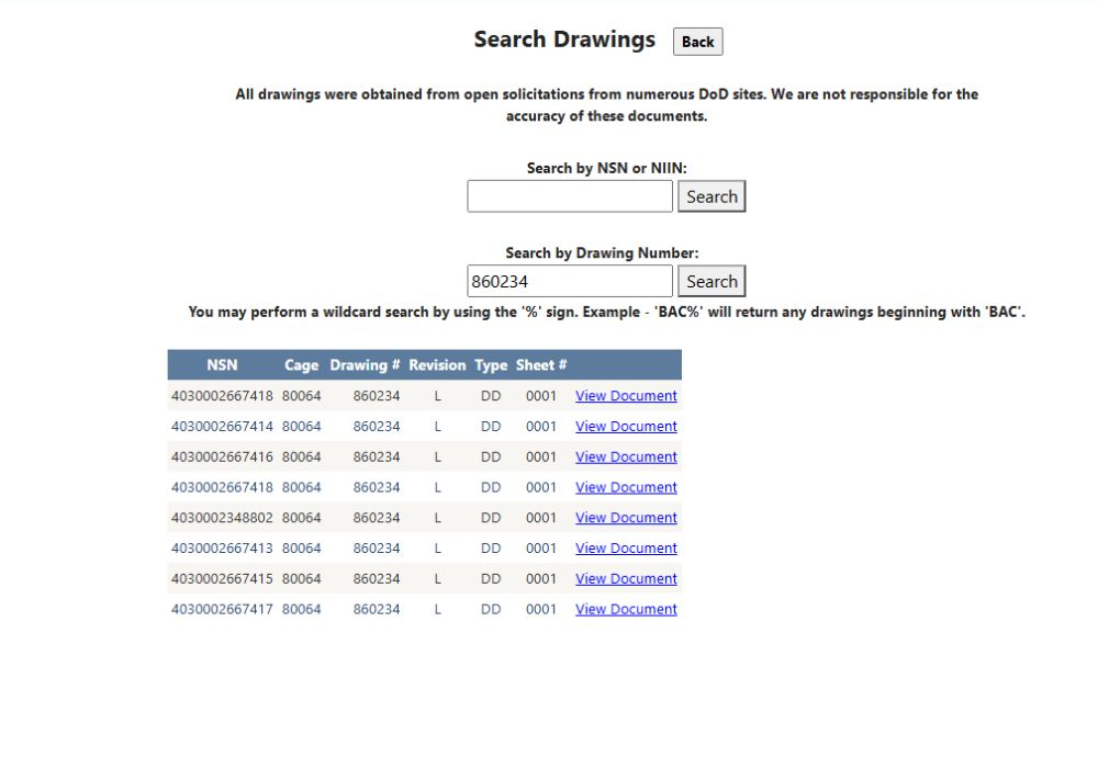 Standalone drawing-number search for 860234 showing eight returned NSN rows