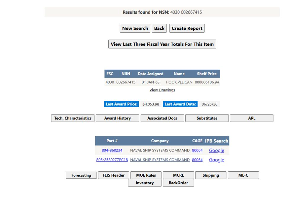 Item result opened from NIIN 002667415, showing NSN 4030-00-266-7415 and HOOK,PELICAN