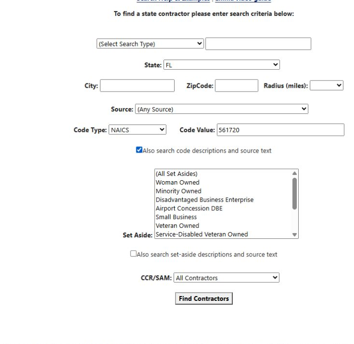 Florida NAICS 561720 form with code descriptions and source text selected