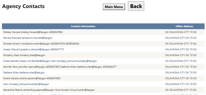 Agency Contacts with FAA contact information and office address