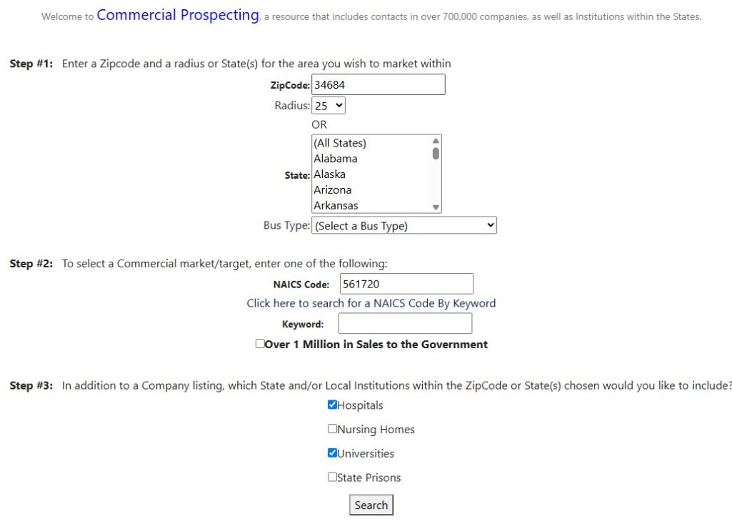 ZIP 34684, radius 25, NAICS 561720 and selected Hospitals and Universities before Search