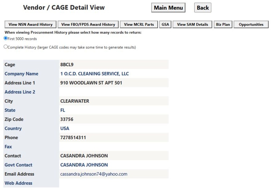O.C.D. CLEANING SERVICE LLC Vendor / CAGE Detail View