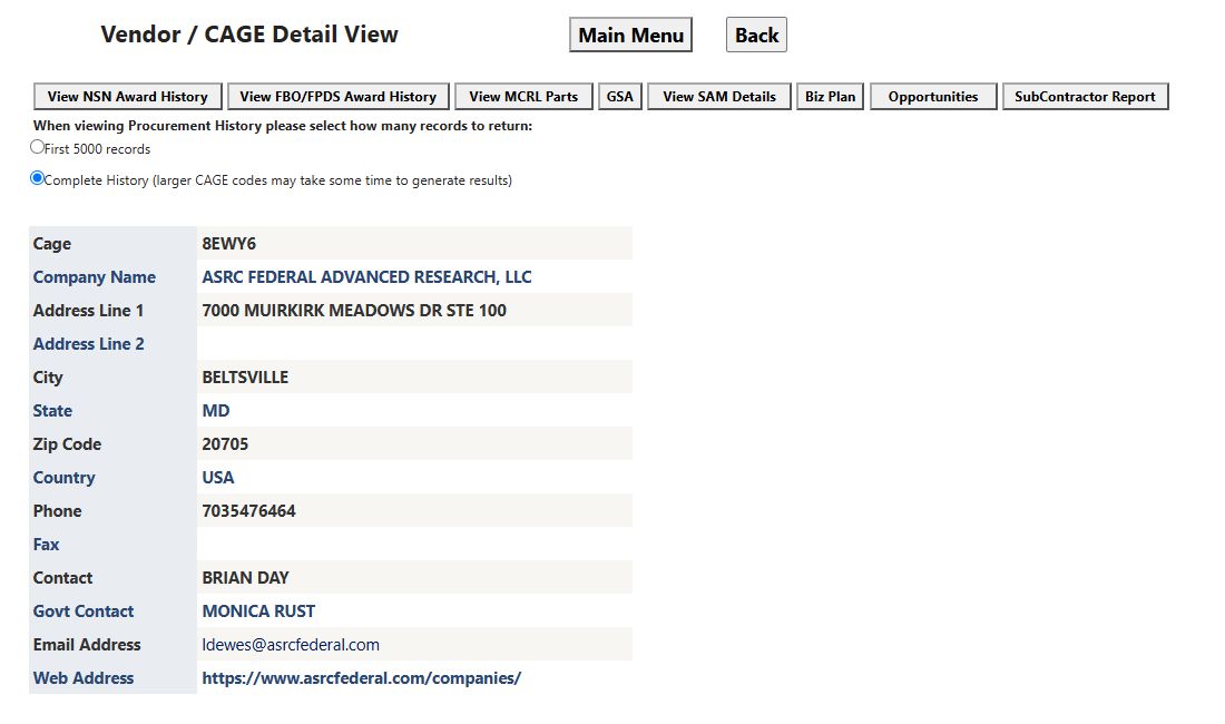 Populated Vendor / CAGE Detail View with its eight research actions