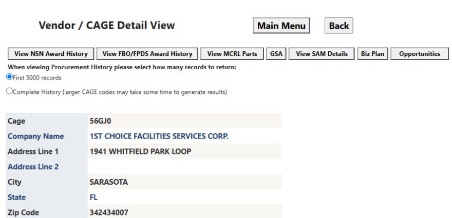 Facilities-services contractor detail with Back and research actions