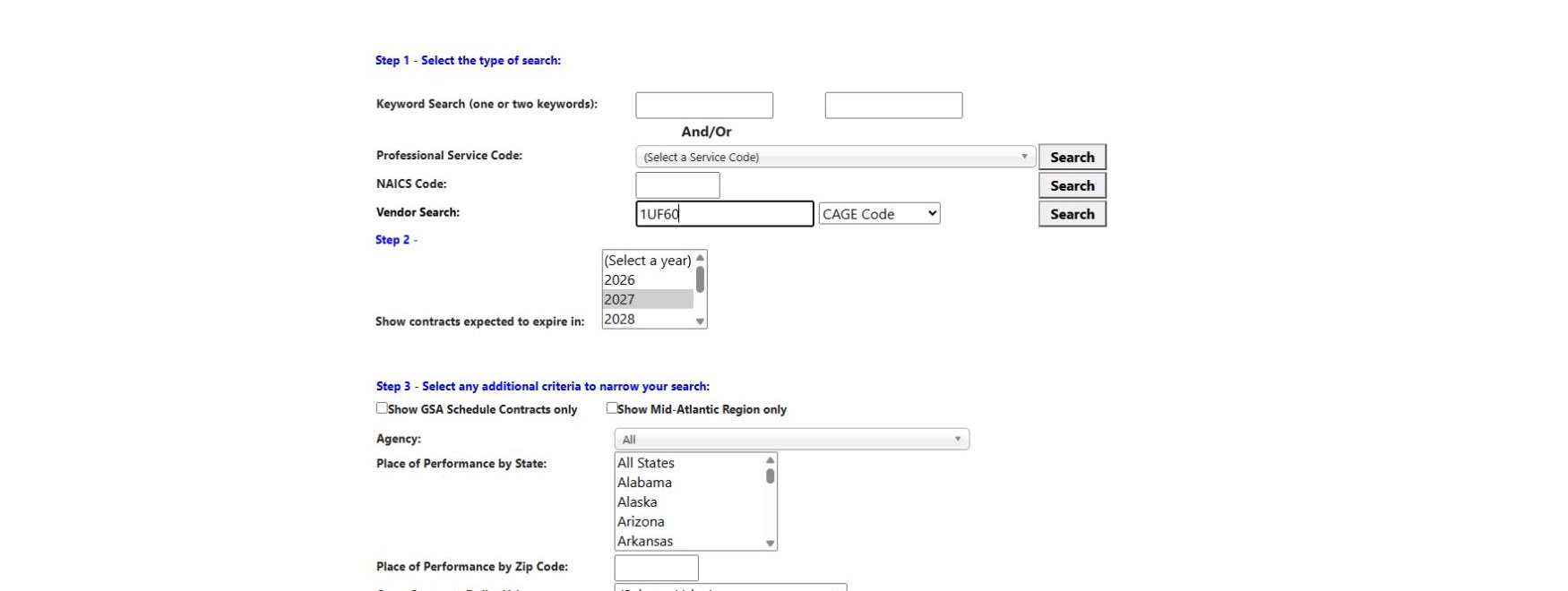 Expiring-contract form with CAGE 1UF60 and 2027 selected