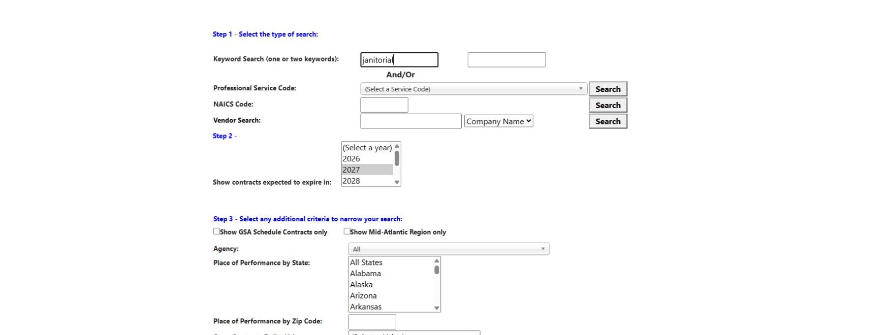 Expiring-contract form with janitorial keyword and 2027 selected