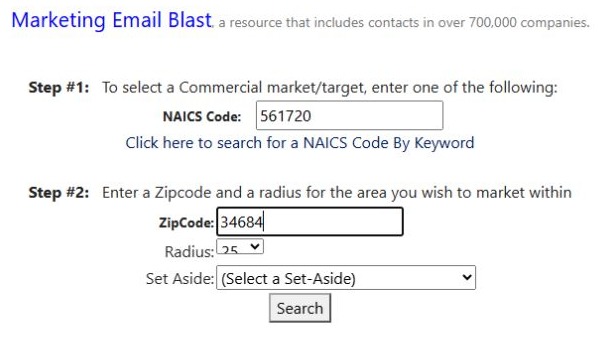 Marketing Email Blast form with NAICS 561720 and ZIP 34684 at radius 25