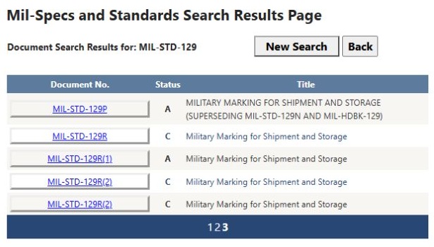 Page 3 with MIL-STD-129 versions including R(1)