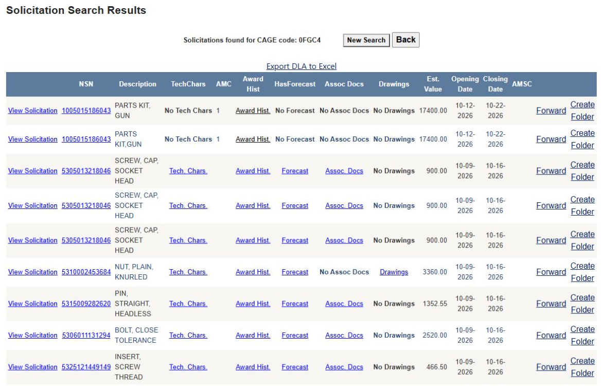 The CAGE search shows multiple part opportunities with their available research links