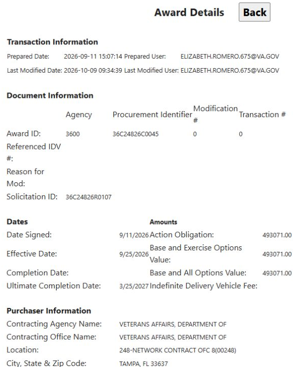 The award details reached from the candidate contract number