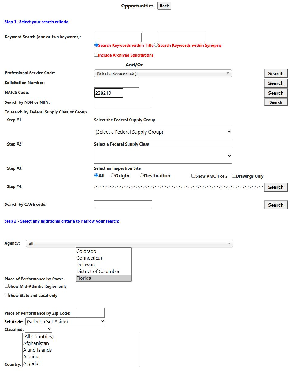 The complete search form with NAICS 238210 and Florida selected