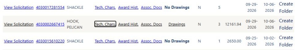 HOOK, PELICAN solicitation row with the Assoc. Docs link