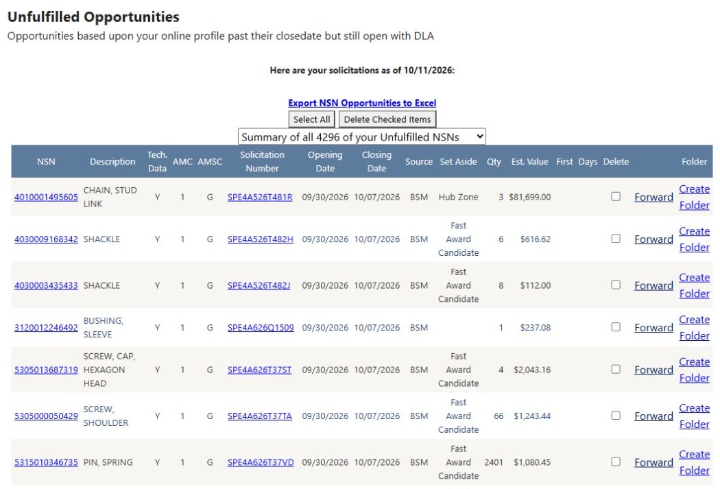 Populated Unfulfilled Opportunities list with its selector, row actions and actual DLA requirements