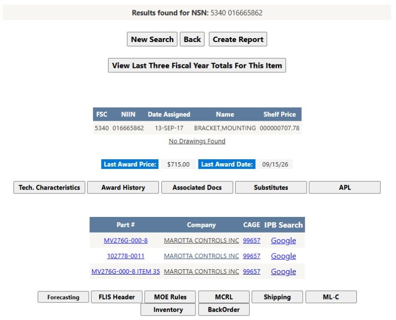 BRACKET, MOUNTING item result reached from the linked stock number