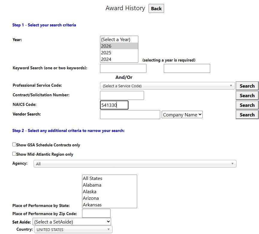 Award History inputs: 2026 and NAICS 541330, with other criteria at their defaults