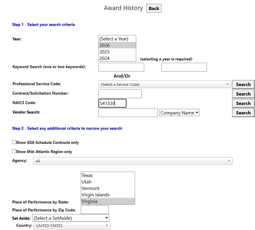 The same Award History search with Virginia selected