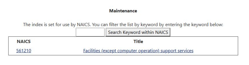 Facilities Maintenance category with the 561210 industry link and keyword filter