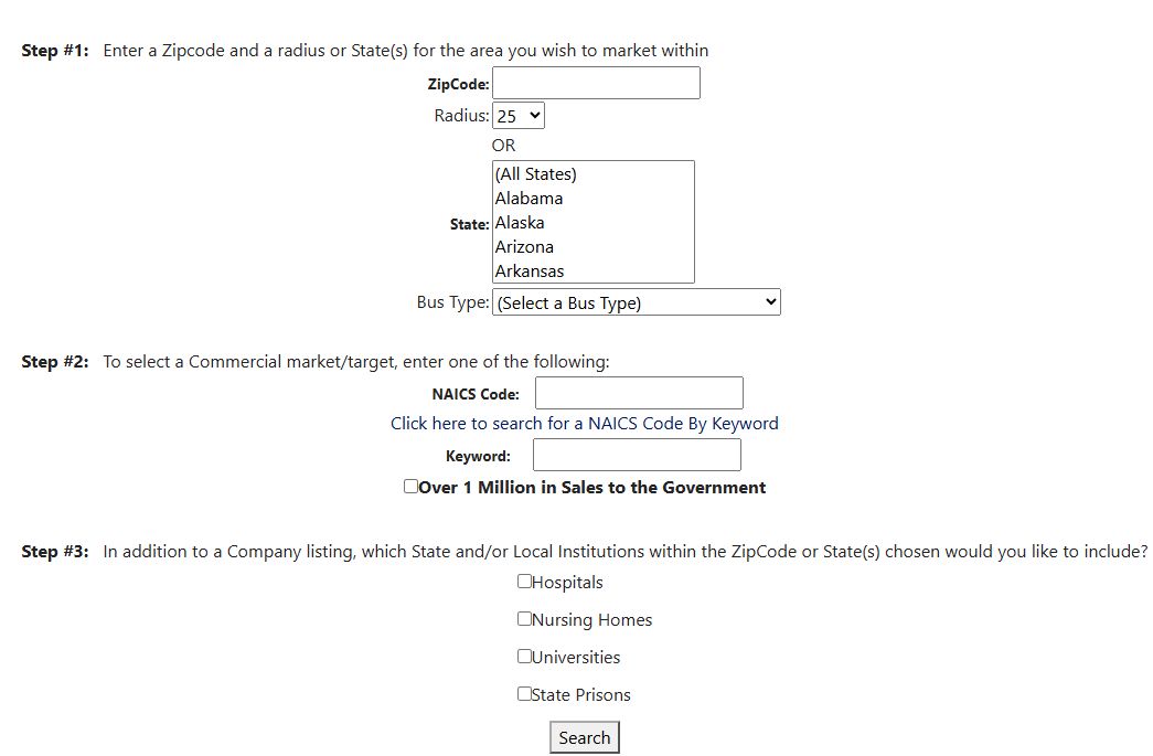 Commercial Prospecting form with location, market and institution choices