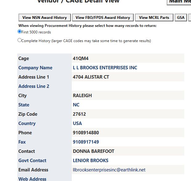 Contractor profile with CAGE, company address and contact fields