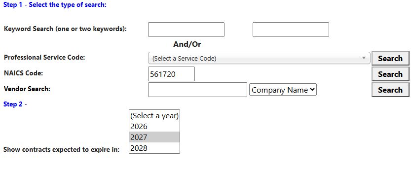 Current NAICS search controls with 561720 and 2027 selected