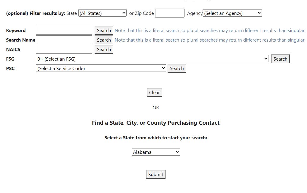 Contracting-officer search form with optional filters and five search modes