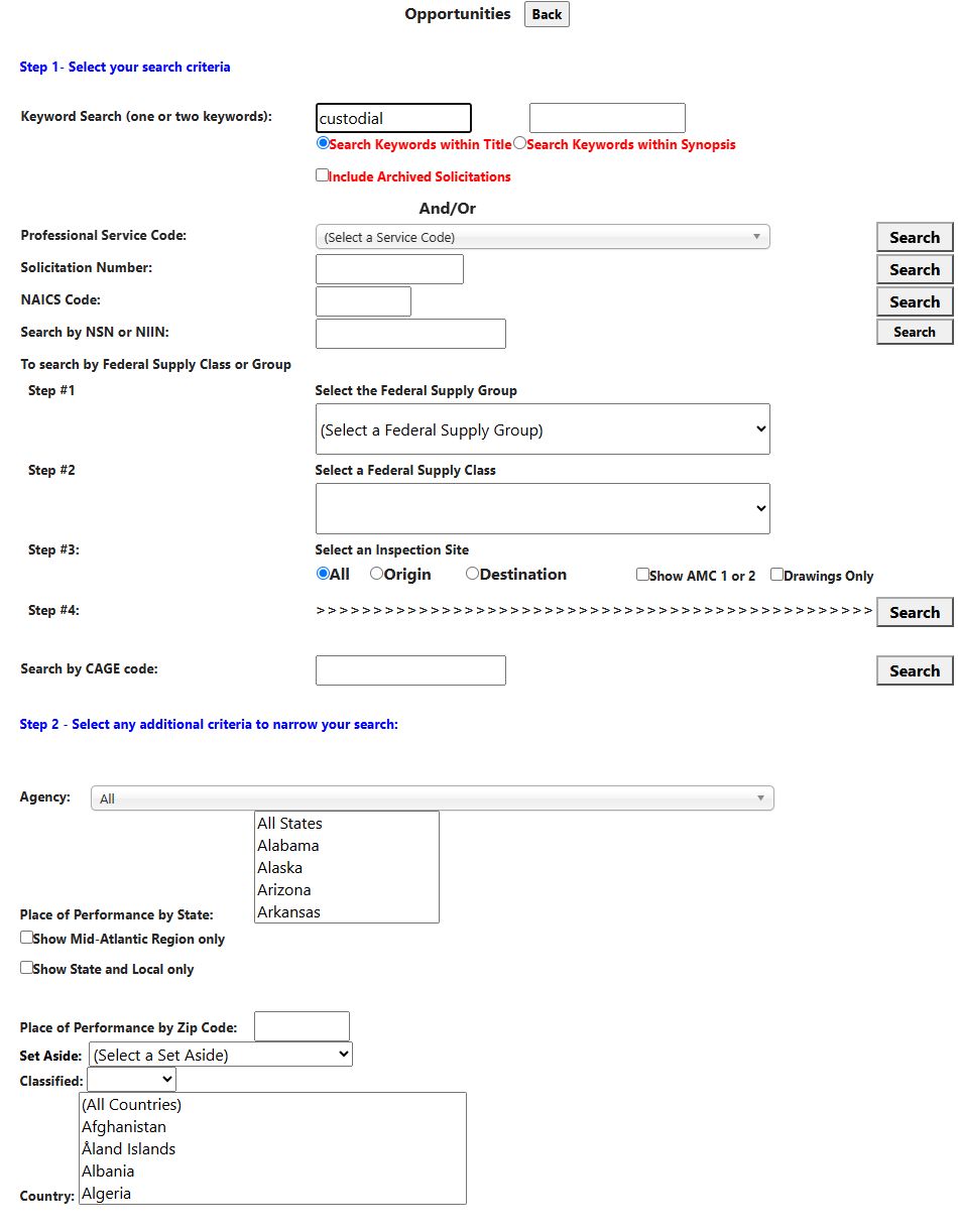 The solicitation form with custodial entered as a simple title search