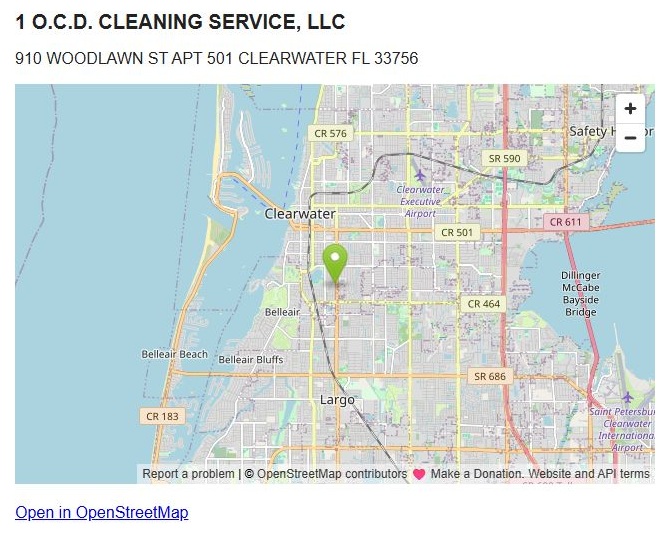 Company name, address and location marker on the map
