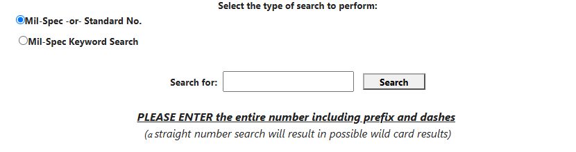Military specifications search type, search field and format reminder