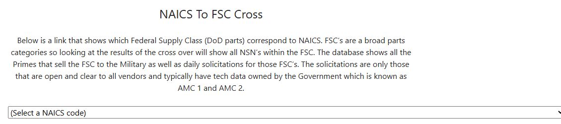 NAICS-to-FSC crosswalk page with its explanation and NAICS selector
